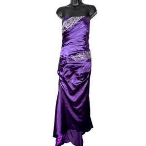 Elegant Purple Strapless Beaded Ruched Full Length Evening Gown